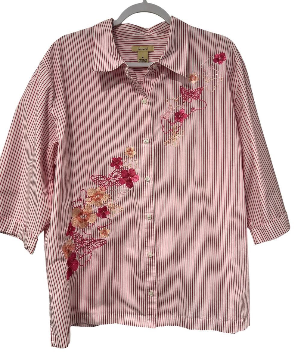 Embroidered Floral Butterfly Stripe Button Shirt Cottage Artsy Pink XL Bechamel